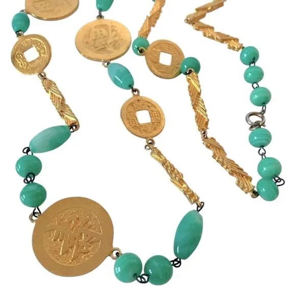 Vintage Kenneth Jay Lane Asian Medallion Green Jade Necklace - Picture 5 of 5